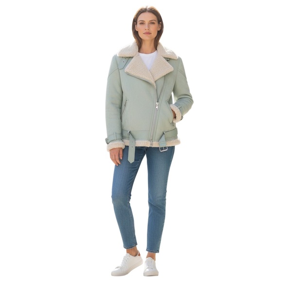 ALL SAINTS POWDER BLUE HAWLEY OVERSIZED SHEARLING BIKER JACKET - Picture 6 of 6